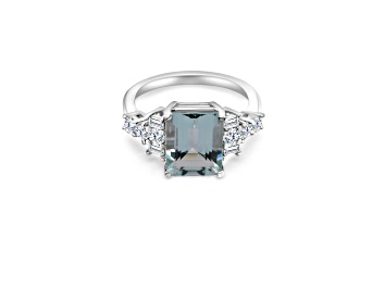 Picture of 9x7mm Rectangular Octagonal Aquamarine and White CZ Rhodium Over Sterling Silver Ring, 2.10ctw