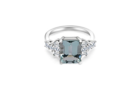 9x7mm Rectangular Octagonal Aquamarine and White CZ Rhodium Over Sterling Silver Ring, 2.10ctw