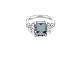 9x7mm Rectangular Octagonal Aquamarine and White CZ Rhodium Over Sterling Silver Ring, 2.10ctw