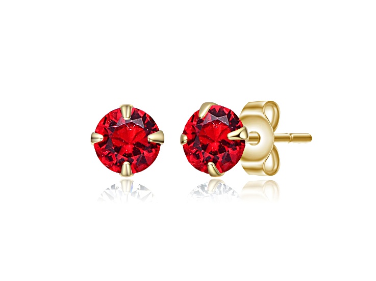 Red Round 6mm Cubic Zirconia, 14K Gold Plated over Brass Stud Earrings for Kids, Teens, and Adults