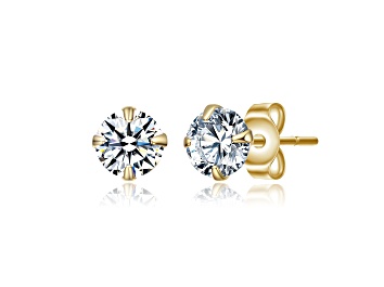 Picture of Clear Round 8mm Cubic Zirconia, 14K Gold Plated over Brass Stud Earrings for Kids, Teens, and Adults