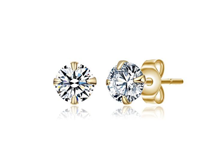 Clear Round 8mm Cubic Zirconia, 14K Gold Plated over Brass Stud Earrings for Kids, Teens, and Adults