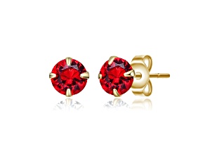 Red Round 8mm Cubic Zirconia, 14K Gold Plated over Brass Stud Earrings for Kids, Teens, and Adults