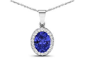 Tanzanite and White Diamond 14K White Gold Pendant with 18 inch Cable Chain 1.60ctw
