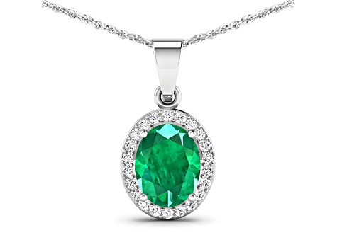 Green Zambian Emerald and White Diamond 14K White Gold Pendant with 18 inch Cable Chain 1.65ctw