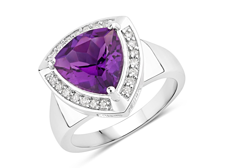Trillion Cut Amethyst and Lab Grown Diamond Rhodium Over Silver Halo Ring 2.91ctw