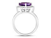 Trillion Cut Amethyst and Lab Grown Diamond Rhodium Over Silver Halo Ring 2.91ctw