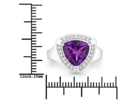 Trillion Cut Amethyst and Lab Grown Diamond Rhodium Over Silver Halo Ring 2.91ctw
