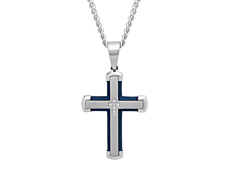 Stainless Steel With Black Ion-Plating Diamond Cross Pendant With Chain 0.05ctw
