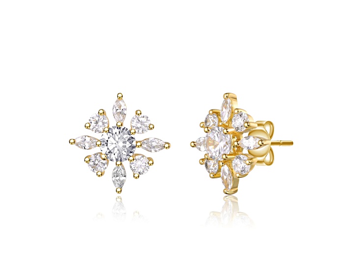 Clear Cubic Zirconia, 14K Gold Plated over Brass Christmas Snowflake Stud Earrings