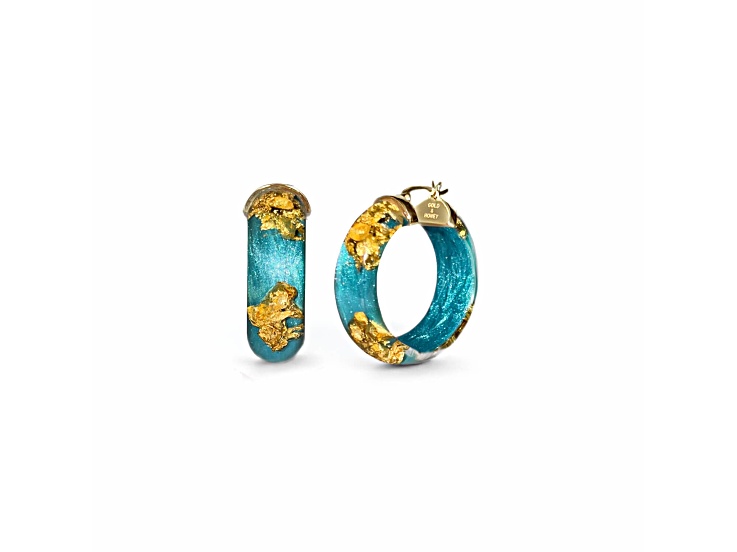 14K Yellow Gold Over Sterling Silver Mini Gold Leaf Acrylic Hoops in Teal