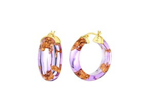 14K Yellow Gold Over Sterling Silver Mini Gold Leaf Lucite Hoops in Purple