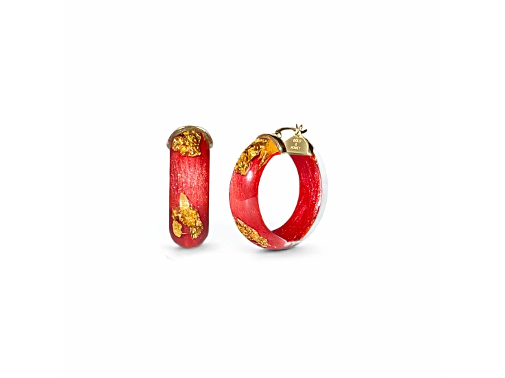 14K Yellow Gold Over Sterling Silver Mini Gold Leaf Acrylic Hoops in Dark Green