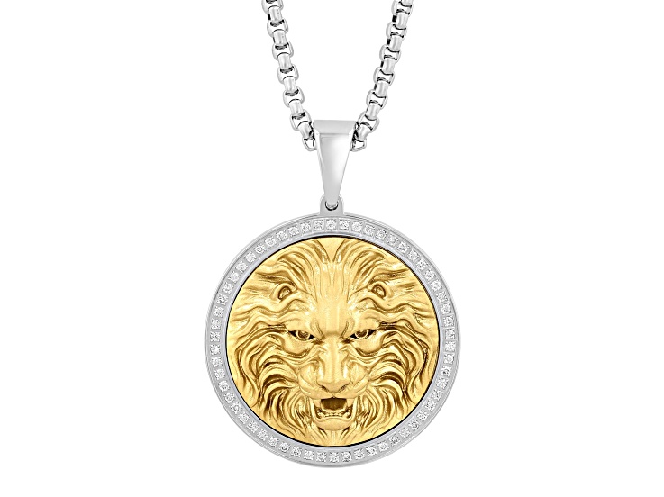 Yellow Ion-Plated Stainless Steel and White Diamond Lion Face Medallion Pendant With Chain 0.50ctw