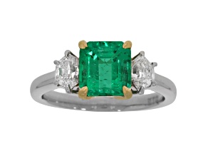 Emerald Step Cut Green Emerald and White Diamond Platinum Ring. 2.68 CTW