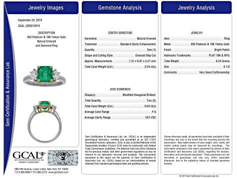 Emerald Step Cut Green Emerald and White Diamond Platinum Ring. 2.68 CTW