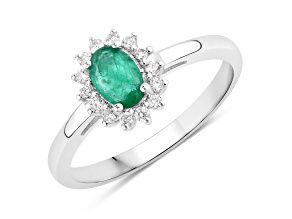 Zambian Green Emerald and Lab Grown Diamond Sterling Silver Halo Ring 0.58ctw