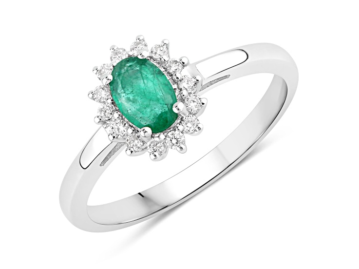 Zambian Green Emerald and Lab Grown Diamond Sterling Silver Halo Ring 0.58ctw