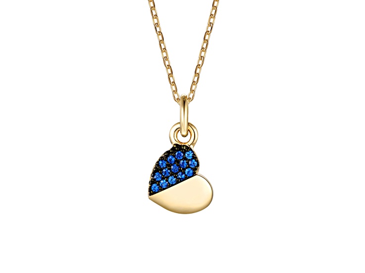 Blue Cubic Zirconia, 14K Gold Plated & Black Gold Plated over Brass Heart Pendant Necklace for Kids