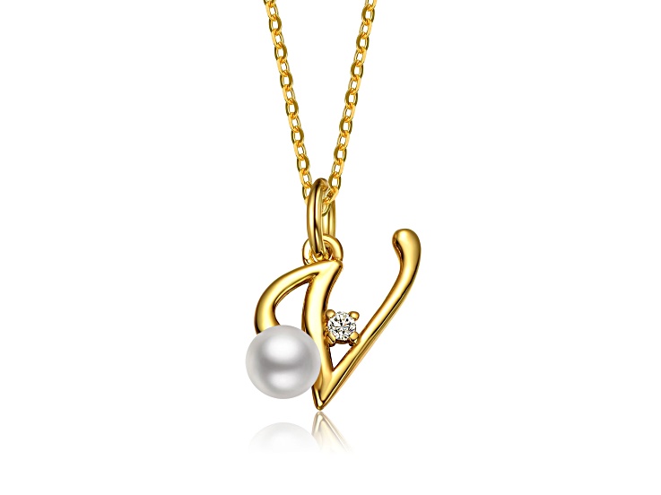 White Pearl, Personalized 14K Gold Plated over Brass Initial Pendant Necklace for Kids/Teens
