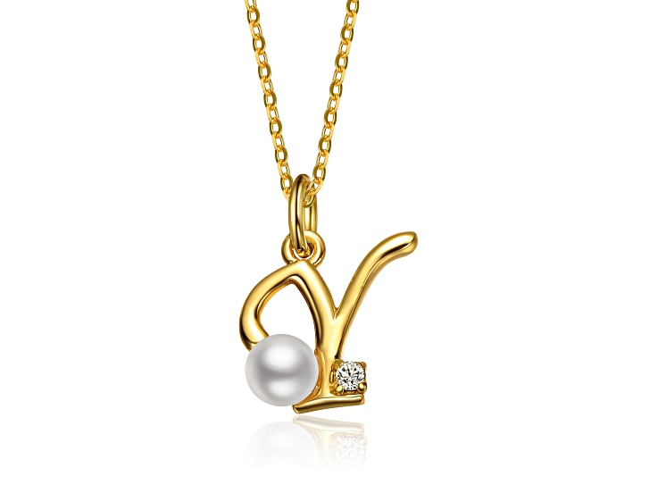 White Pearl, Personalized 14K Gold Plated over Brass Initial Pendant Necklace for Kids/Teens