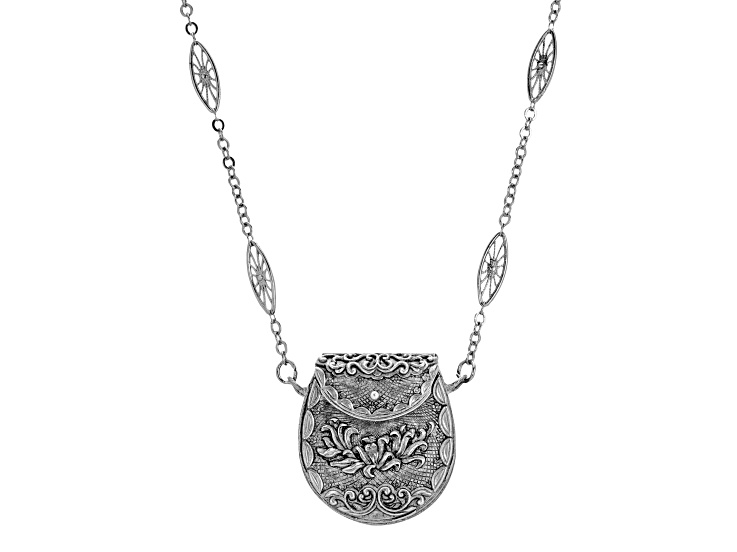1928 Jewelry Silver Tone Brass Filigree Purse Pouch Pendant With Chain 32 Inch