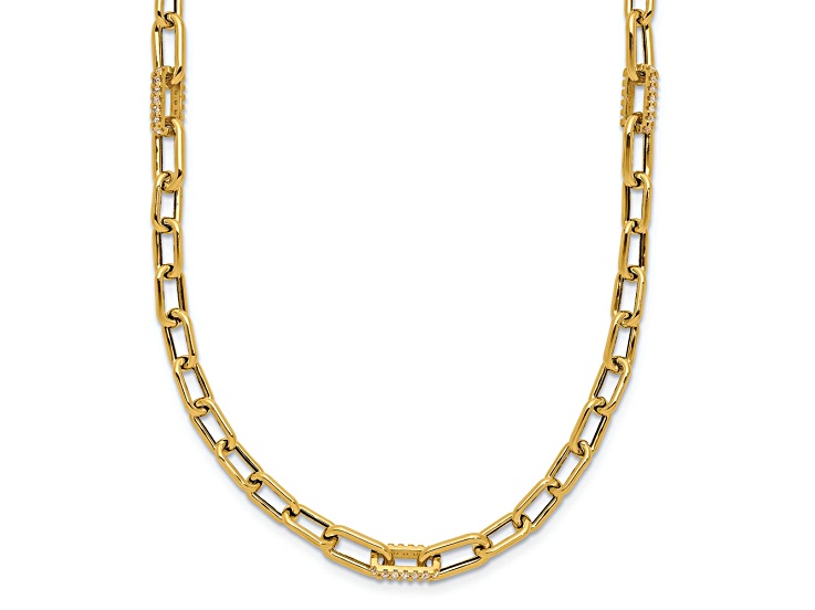 14K Yellow Gold Polished Cubic Zirconia Fancy Paperclip Link Necklace