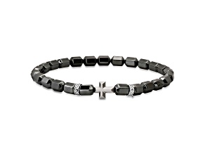 Men's Hematite and SterlingSilver Cross Beaded Stretch Bracelet