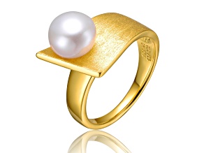 Genuine White Freshwater Pearl, 14K Gold Plated over Sterling Silver Linear Ring