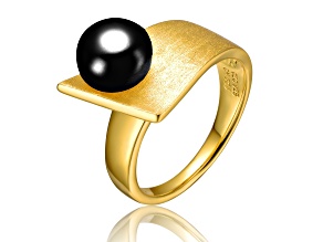 Genuine Onyx Black Freshwater Pearl, 14K Gold Plated over Sterling Silver Linear Ring