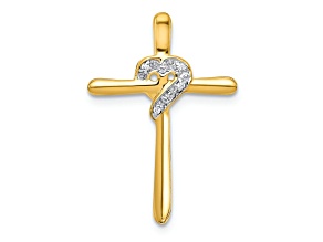 10k Yellow Gold and Rhodium Over 10k Yellow Gold Diamond Heart Cross Chain Slide Pendant