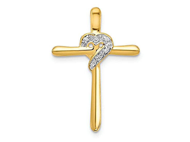 10k Yellow Gold and Rhodium Over 10k Yellow Gold Diamond Heart Cross Chain Slide Pendant