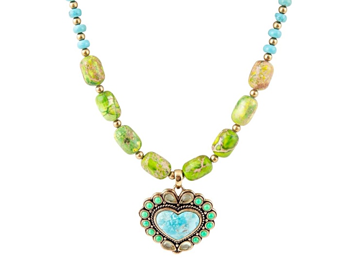 Barse Jewelry Legacy Lime Green and Blue Composite Turquoise Gold Tone Heart Necklace