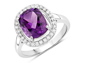Purple Cushion Cut Amethyst and Lab Grown Diamond Rhodium Over Silver Halo Ring 2.88ctw