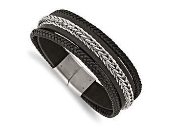 Picture of Black Leather and Stainless Steel Polished Multi-Strand 8.5-inch Bracelet
