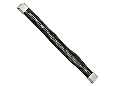 Black Leather and Stainless Steel Polished Multi-Strand 8.5-inch Bracelet