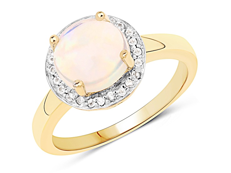 White Ethiopian Opal and White Topaz 14K Yellow Gold Over Sterling Silver Halo Ring