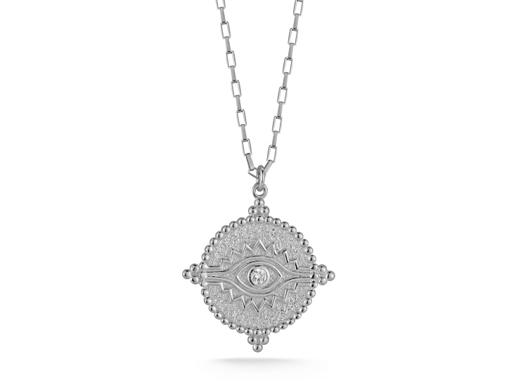 Sterling Statements Rhodium Over Sterling Silver Cubic Zirconia Aztec Evil Eye Medallion Necklace