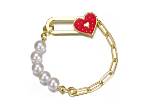 White Pearls, 14K Gold Plated over brass with Red Enamel Heart Paperclip Link Bracelet for Kids