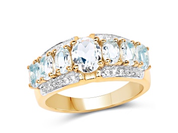 Picture of Aquamarine and White Diamond 18K Yellow Gold Over 925 Sterling Silver Ring For Her