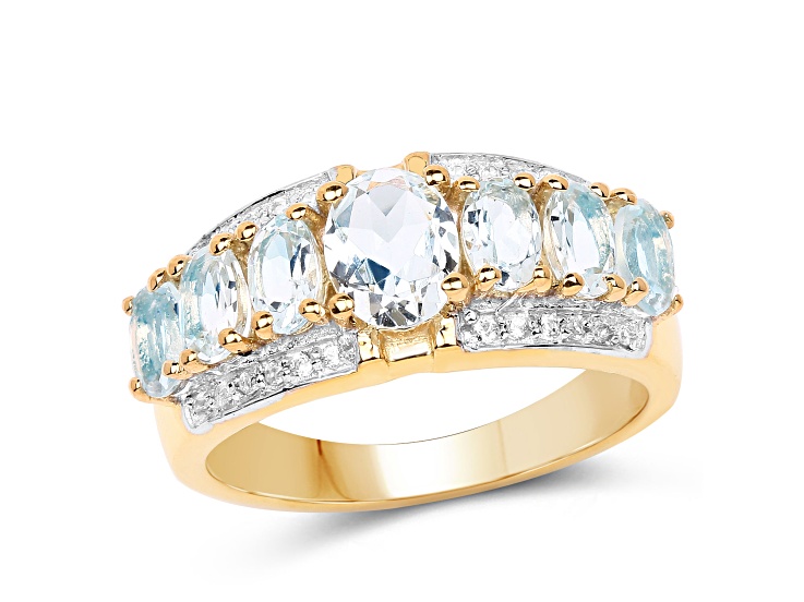 Aquamarine and White Diamond 18K Yellow Gold Over 925 Sterling Silver Ring For Her