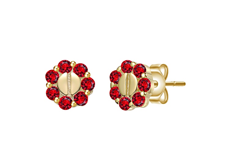 Red Cubic Zirconia, 14K Gold Plated over Sterling Silver Beaded Design Stud Earrings for Kids
