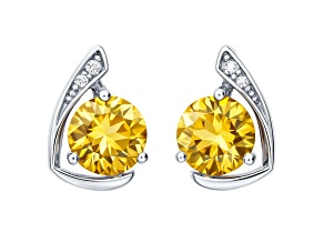 Yellow Citrine Rhodium Over Sterling Silver Citrine Round Drop Earrings