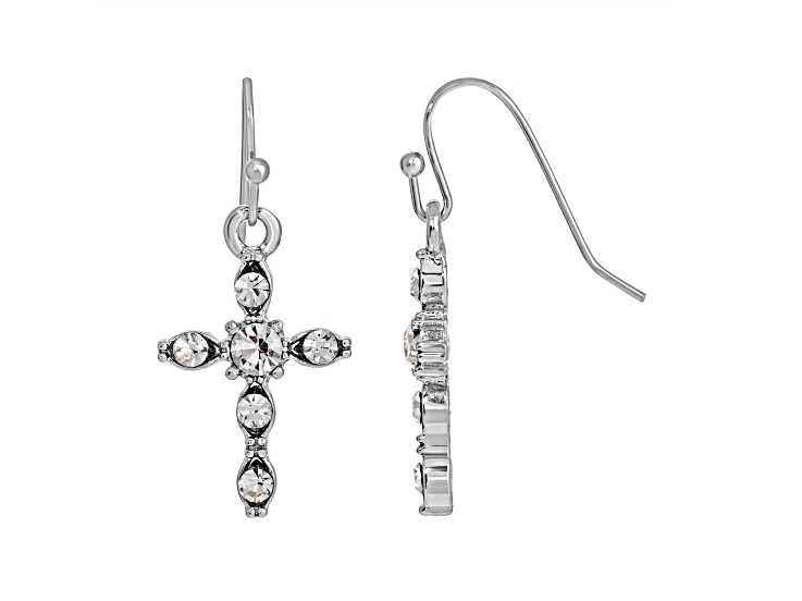 Symbols of Faith Silver-Tone Crystal Cross Drop Earrings