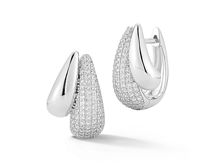 Rachel Zoe Rhodium Over Sterling Silver Pave Double Teardrop Hoop Earrings