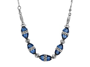 White Base Metal Blue Bead Necklace 16 inch