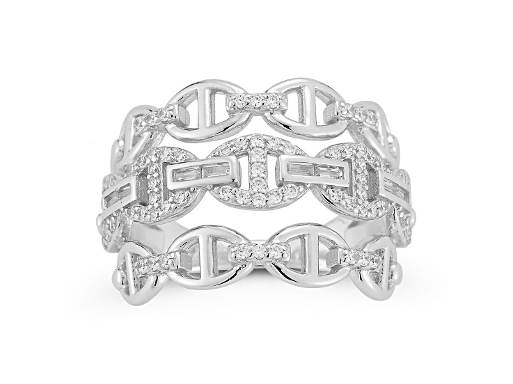 Rachel Zoe Rhodium Over Sterling Silver Cubic Zirconia Triple Mariner Row Ring