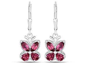 Red Rhodolite Rhodium Over Sterling Silver Butterfly Drop Earrings
