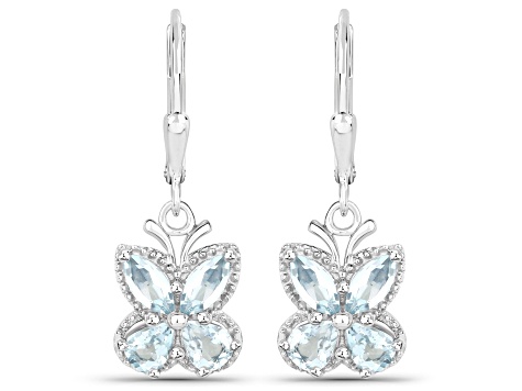 Blue Aquamarine Rhodium Over Sterling Silver Butterfly Drop Earrings