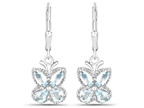 Blue Aquamarine Rhodium Over Sterling Silver Butterfly Drop Earrings